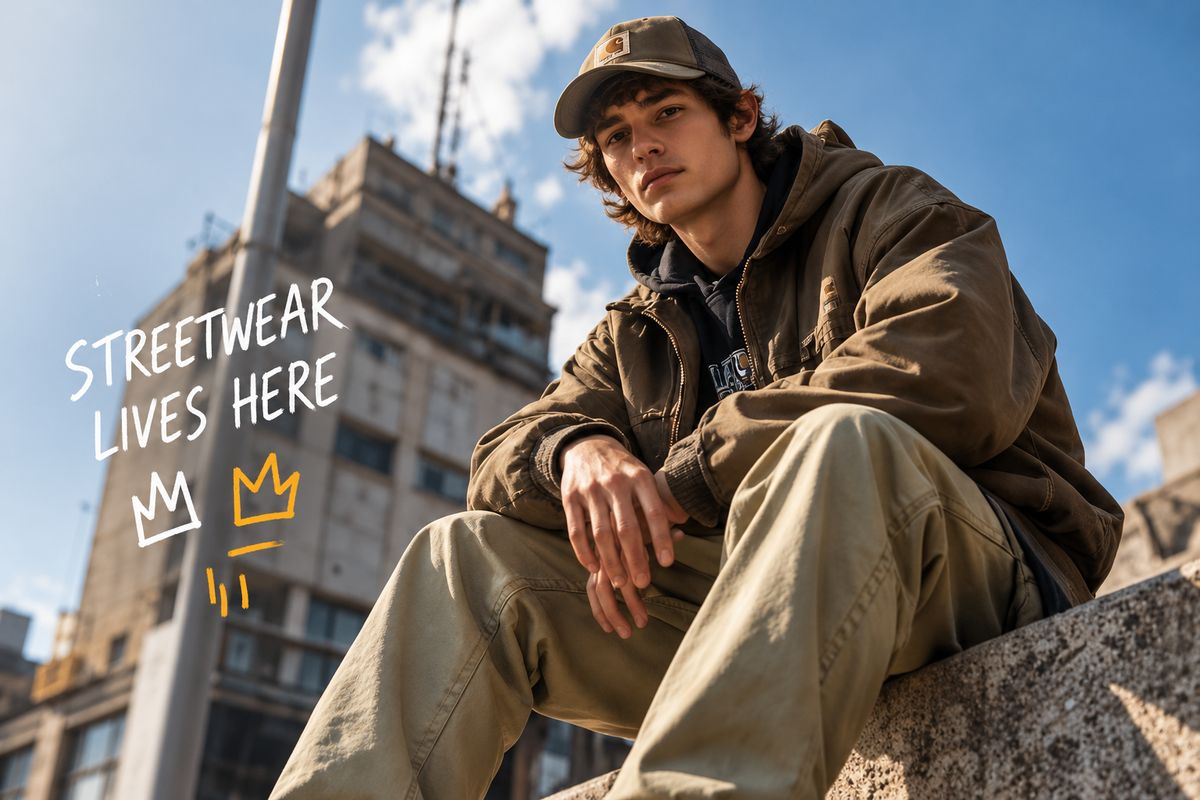 Junger Mann in Arbeitsjacke und Cap in der Stadt