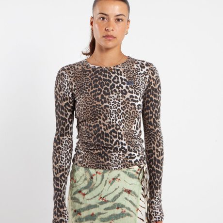 Ganni Leopard Printed Mesh Long-sleeve Blouse