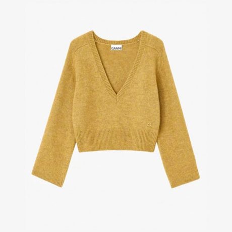 Ganni Melange Mohair Deep V-neck Custard