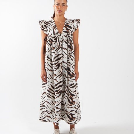 Ganni Printed Stretch Cotton Angel Long Dress Egret