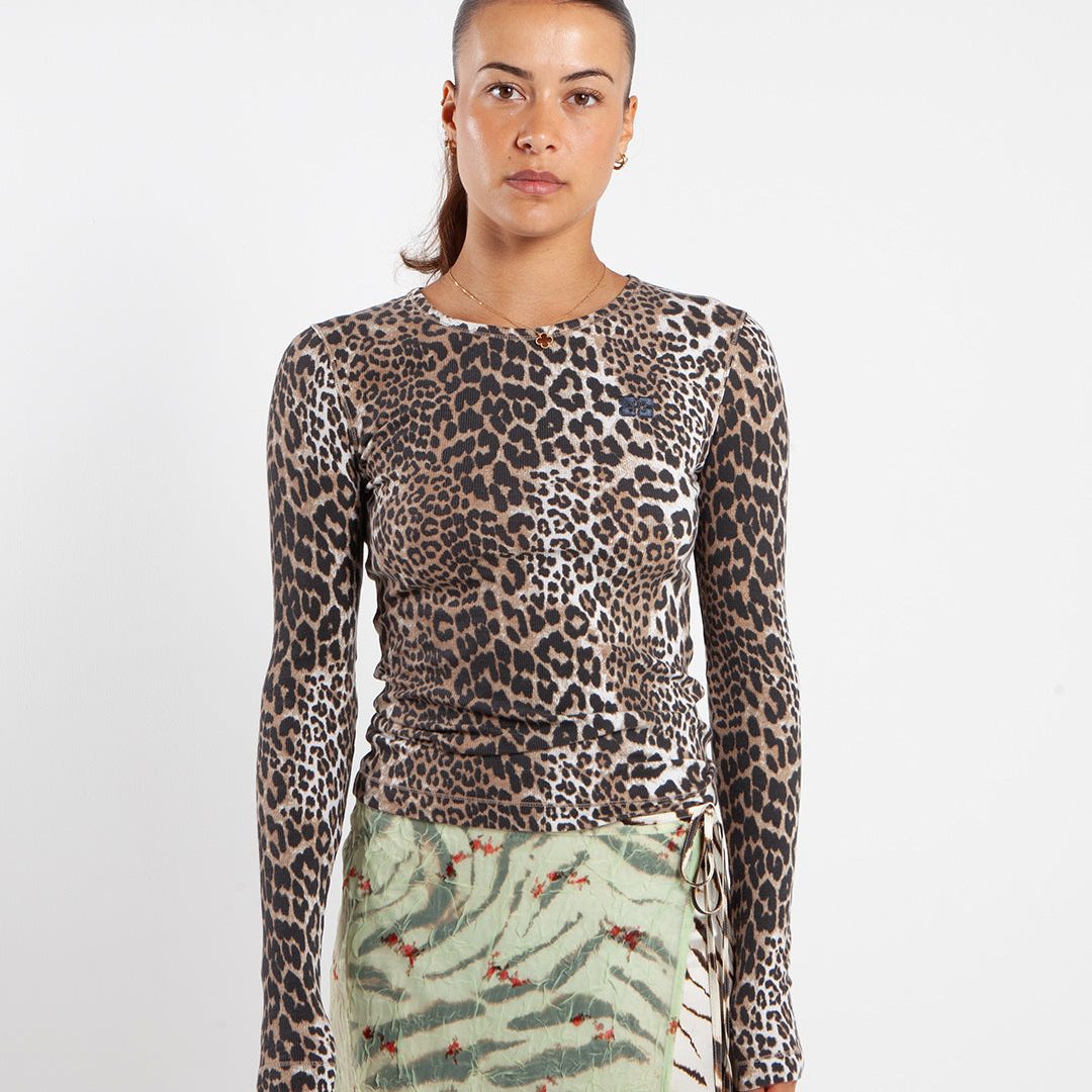 Ganni Leopard Printed Mesh Long-sleeve Blouse