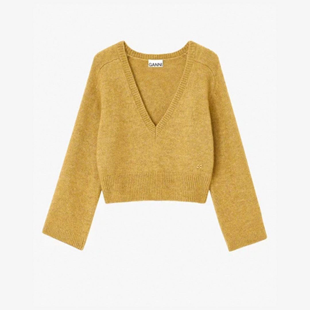 Ganni Melange Mohair Deep V-neck Custard